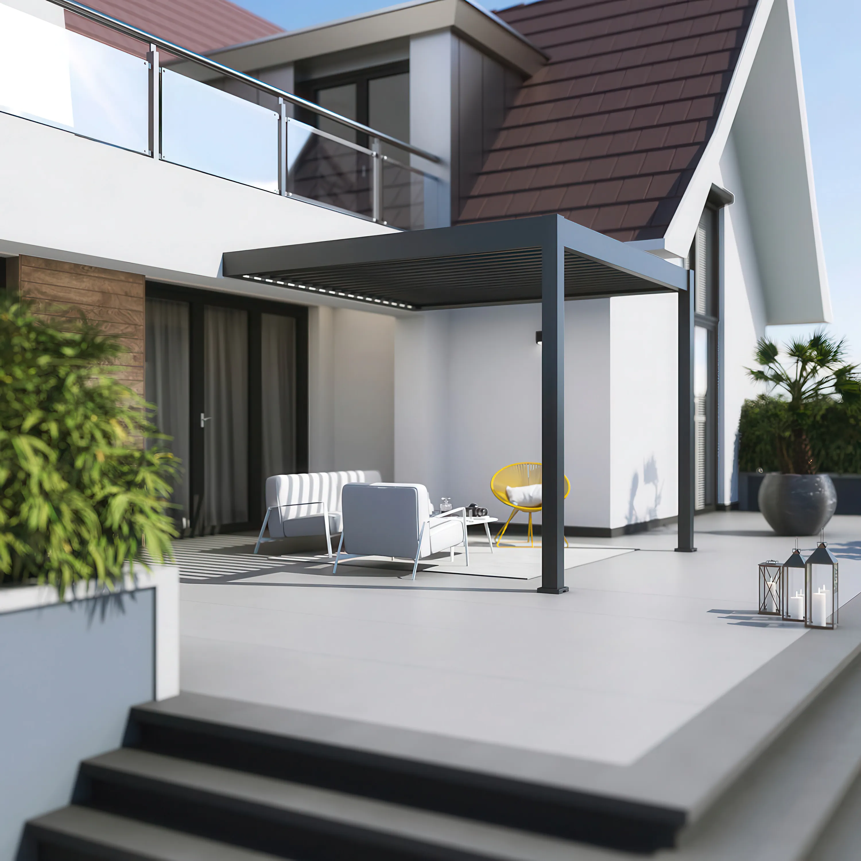 Nowoczesna pergola przy elewacji domu