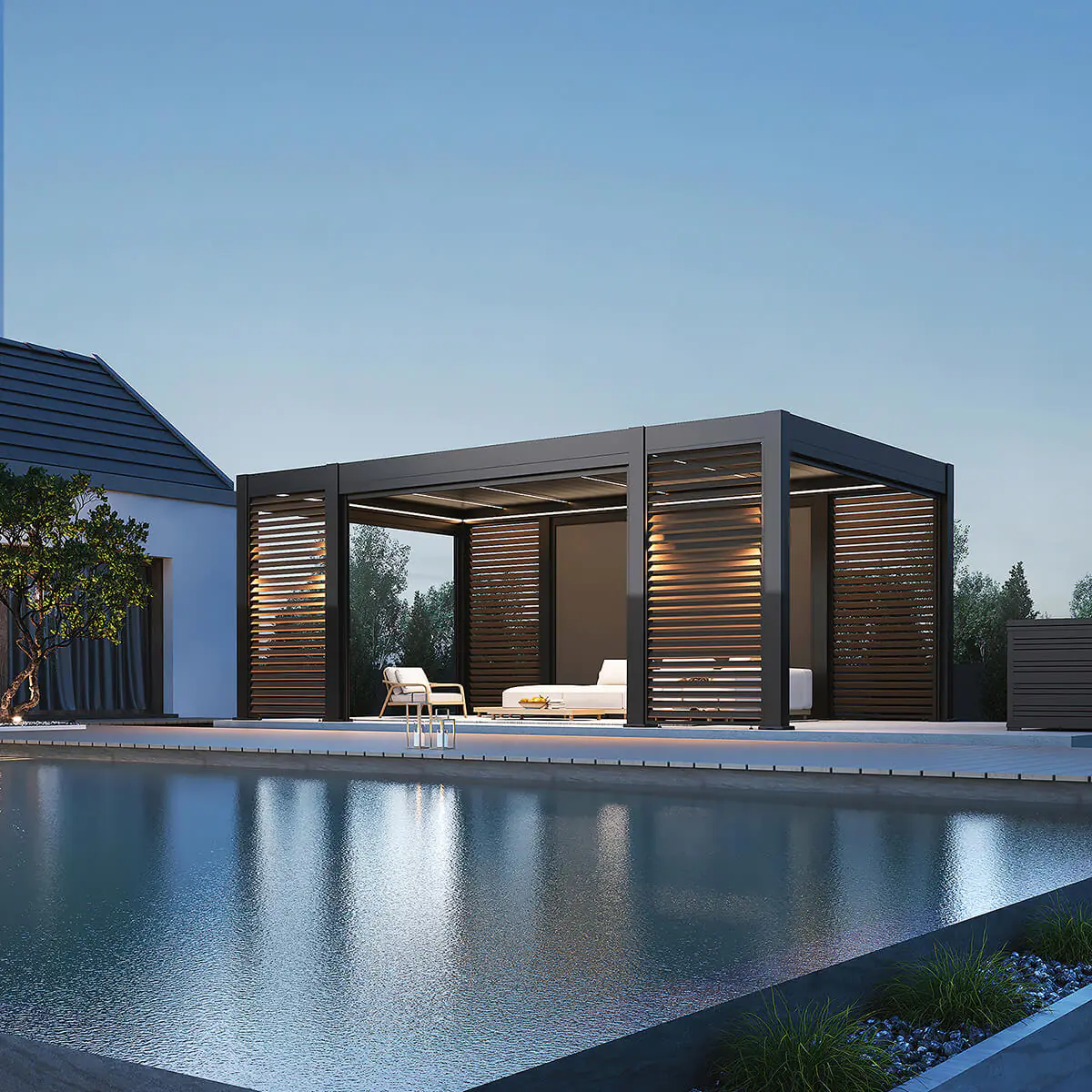 Pergola z oświetleniem LED wieczorem